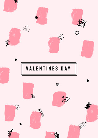 Happy Valentine's Day card with text and red baloon hearts. Trendy background with hand drawn brush paints. Vector illustrationのイラスト素材