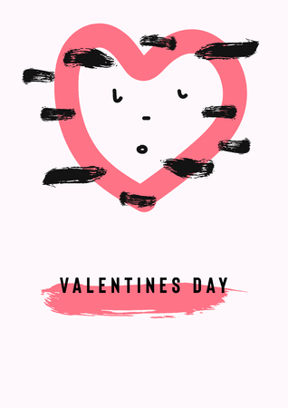 Happy Valentine's Day card with text and red baloon hearts. Trendy background with hand drawn brush paints. Vector illustrationのイラスト素材