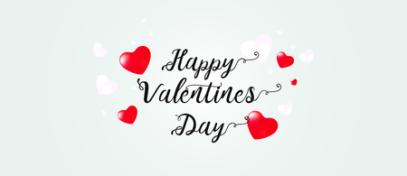 Happy Valentine's Day banner with calligraphy text and red baloon hearts. Vector illustrationのイラスト素材
