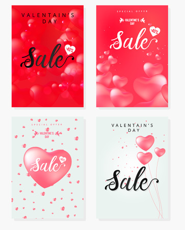 Happy Valentine's Day set of sale banners with calligraphy text and red baloon hearts. Vector illustrationのイラスト素材