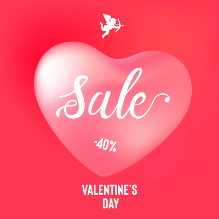 Happy Valentine's Day sale banner with calligraphy text and red baloon hearts. Vector illustrationのイラスト素材