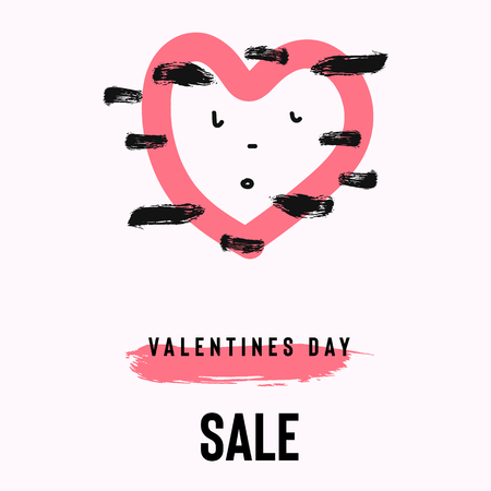 Happy Valentine's Day sale banner with text and red baloon hearts. Trendy background with hand drawn brush paints. Vector illustrationのイラスト素材