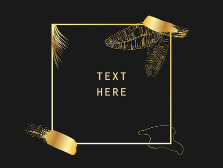 Metalic gold square shape. Label, logo design element, frame with floral abstract elements and brush paint. Vector illustration.のイラスト素材