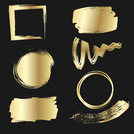 Set of golden paints, metallic gradient brush strokes, brushes, lines. Artistic design elements.のイラスト素材