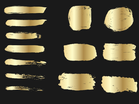Set of golden paints, metalic gradient brush strokes, brushes, lines. Artistic design elements.のイラスト素材