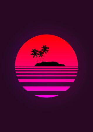 Silhouette coconut palm trees on a gradient background sunset. Vaporwave. Aesthetics.のイラスト素材