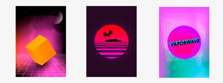 Set of posters Vaporwave, seapunk, synthpop style, neon aesthetics of 80s. Tropical summer theme.のイラスト素材