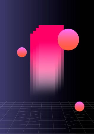 Abstract shapes composition on the dark background. Vaporwave style illustration, aesthetic.のイラスト素材