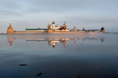 Spaso-Preobrazhenskiy Solovetsky monastery in the morning from outside Sacred lakeの写真素材