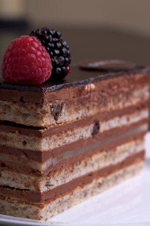 A closeup shot of a slice of chocolate cake topped with a raspberry and blackberry on a white plate.
