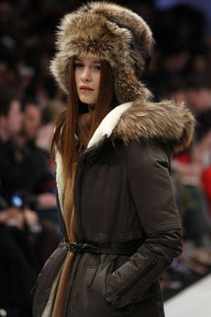 TORONTO - MARCH 13: A model walks the runway in the Soia & Kyo runway show for the Fall/Winter 2012 season at Toronto's World Mastercard Fashion Week on March 13th 2012.のeditorial素材