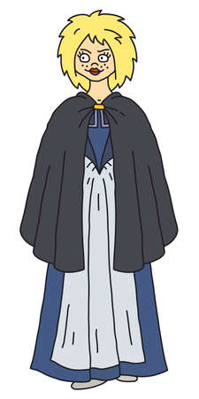 The funny baroque blonde woman in a blue dress and a black cloakのイラスト素材