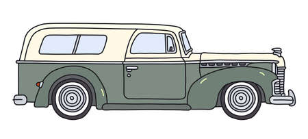 The vectorized hand drawing of an old gray green and white station wagonのイラスト素材