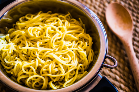 Italian pasta spaghetti cooked close  up backgroundの写真素材
