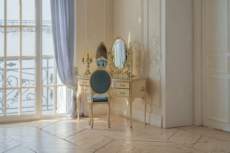 Vintage boudoir luxury clean bright white bedroom interior