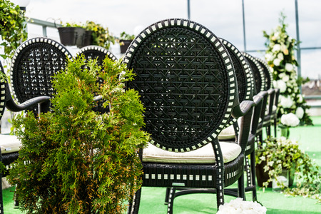 Wedding chairs aisle with the green plants decorated on the floorの写真素材