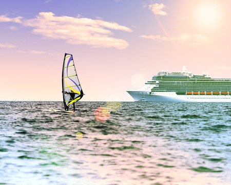 Windsurfer in the sea with a cruise ship on backgroung. Pink toned, lens sun flare, sun on blue sky. Active sport vacation concept.の写真素材