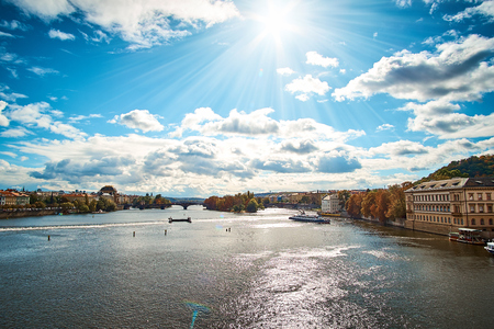 Travel view on Vltava river from the Charles Bridge (Karluv Most) in Prague, Czech Republic.の写真素材