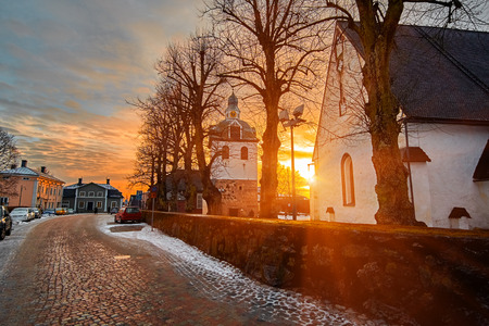 Old historic Porvoo, Finland. Medieval stone and brick Porvoo Cathedral at blue hour sunrise.の写真素材