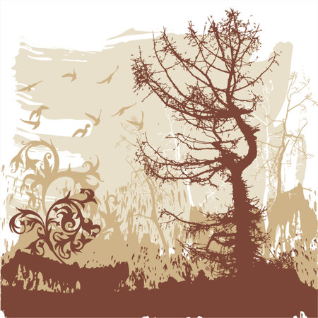 Silhouettes of trees and flying birds on a grunge background Look similar pictures in my portfolioのイラスト素材