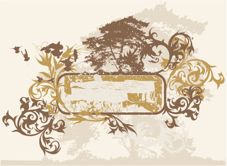 Silhouette of tree on a grunge background and calligraphy flowers ornamentのイラスト素材