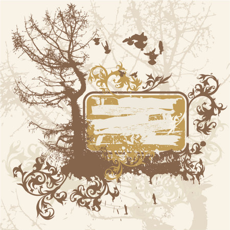 Silhouette of tree on a grunge background and calligraphy flowers ornamentのイラスト素材