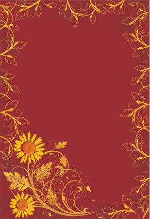 gold vintage camomiles on red grunge flowers backgroundのイラスト素材