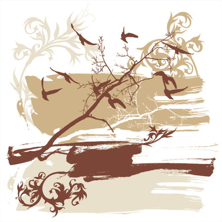 Silhouettes of trees and flying birds on a grunge backgroundのイラスト素材