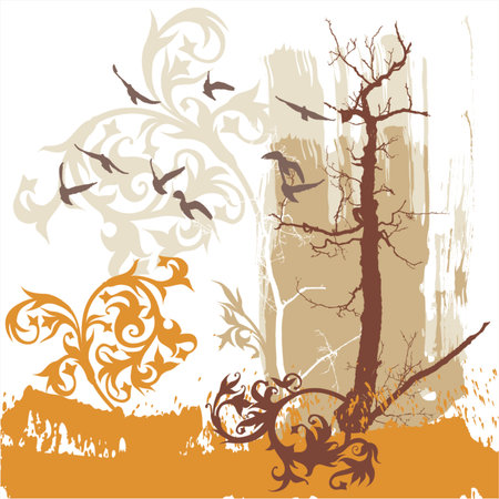 Silhouettes of trees and flying birds on a grunge backgroundのイラスト素材