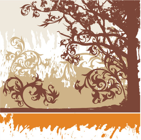 Silhouette of tree on a grunge background and calligraphy flowers ornamentのイラスト素材