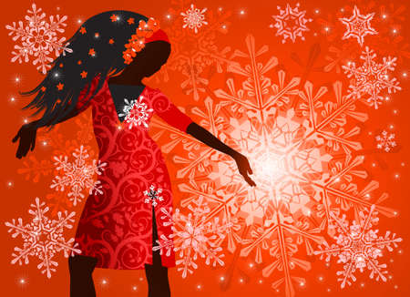 hot girl on red background & snowflakesのイラスト素材