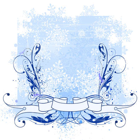 Vintage floral patterns, ribbon, snowflakes & winter blue backgroundのイラスト素材