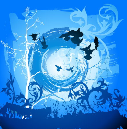 Tree and birds on blue flowers backgroundのイラスト素材