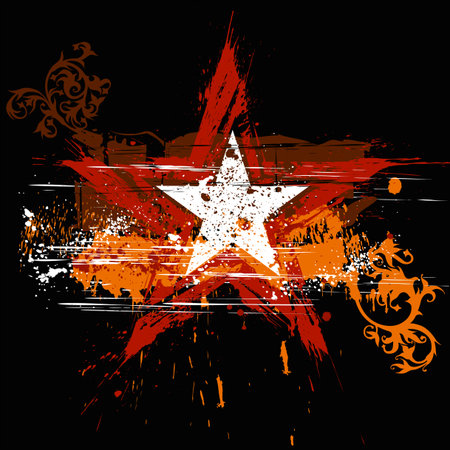 red star on black background and orange grunge flowers ornamentのイラスト素材