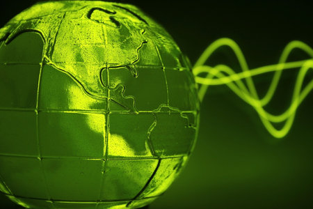 abstract green glass globe & wave pattern (water inside and small bubbles)の写真素材