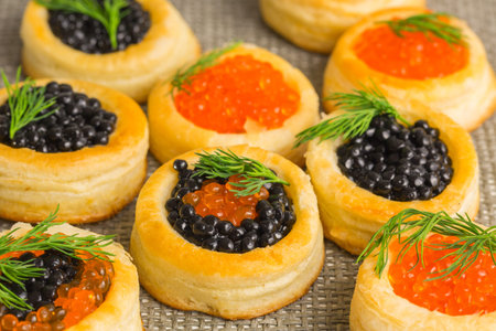 Tartlets with red and black caviar close up. Snacks for the festive tableの写真素材