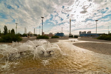 ASTANA, KAZAKHSTAN - AUGUST 24, 2015: Fountain near of the "Palace of Peace and Reconciliation".のeditorial素材