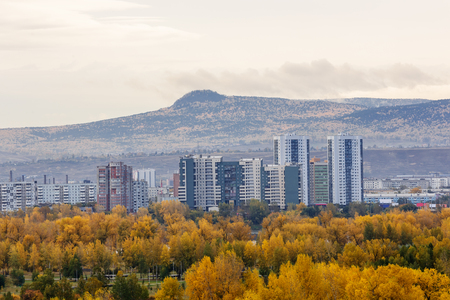 View of the sleeping area in a Golden autumn in the city of Krasnoyarsk, Russia.の写真素材