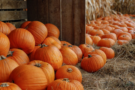 Big pile of pumpkins laying on the hay in front of the  wooden fence and dried maizeの写真素材