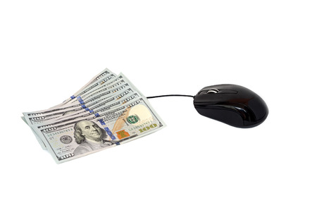 Computer mouse and money dollars on a white backgroundの写真素材