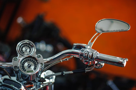 Classic chrome . Motorcycle handle. The gas lever on the chopper. Speed dialing. Details of the motorcycle close-up. Motorcycle steering wheel. Selective Focus.の写真素材