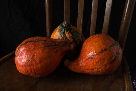 Colored pumpkins on wooden chair. Autumn scene.の写真素材