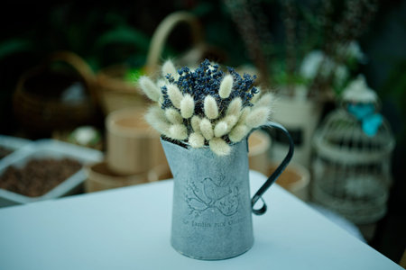 bouquet of dried flowers in decorative jarの写真素材
