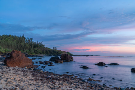 Early morning on the beach with many pebbles and volcanic rocks, forest canopy and cloudy with the orange yellow light of dawn. Deserted, desolate landscape.の写真素材