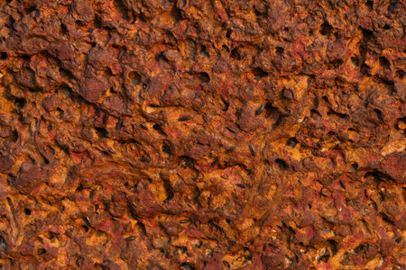 Natural laterite background in the morning sun on the beach. Reddish brown stone background. Geology...