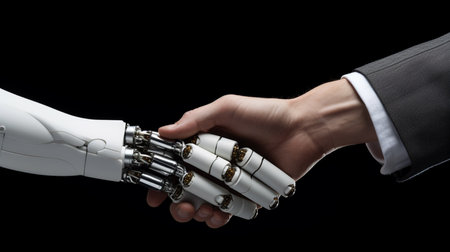 Close up of human hand and robot shaking hands on black background.の素材