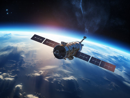 Illustration of artificial satellites, spacecraft in orbit with Earth below. Innovative AI.の素材