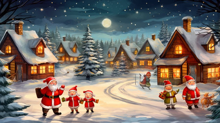 Cartoon christmas background with santa claus in the village illustration for childrenの素材