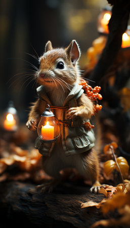Funny gerbil with lantern in autumn forest, closeupの素材