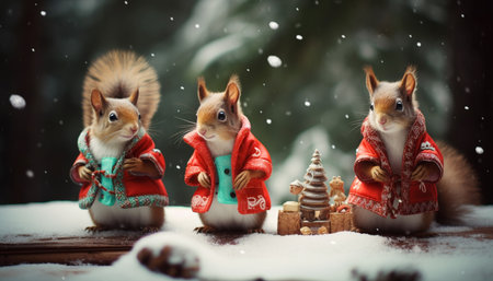 Three cute squirrels in Santa Claus clothes on the snow background.の素材